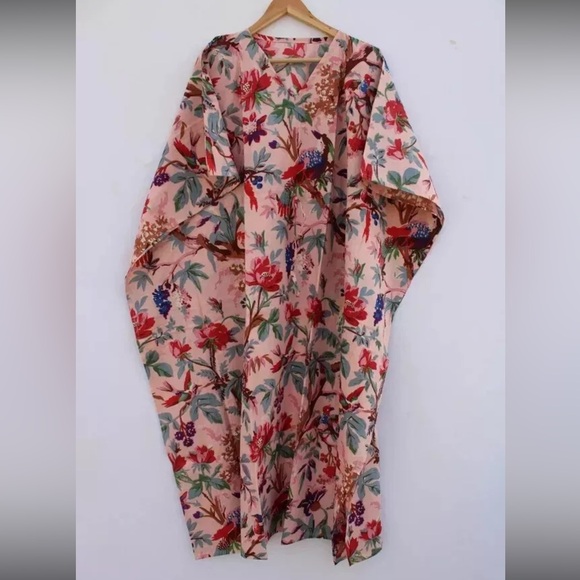 Pink Floral Bird Print Kimono Sleeve Kaftan OSFM - Picture 2 of 3